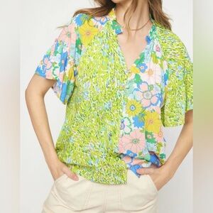 ENTRO Mixed Print Floral Flowy Blouse 100% cotton size large